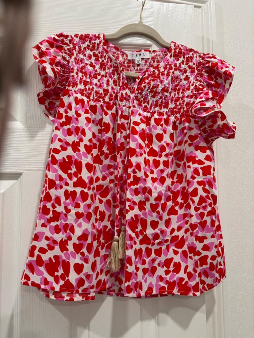 THML Heart-Print Ruffle Sleeve Top - Pink & Red